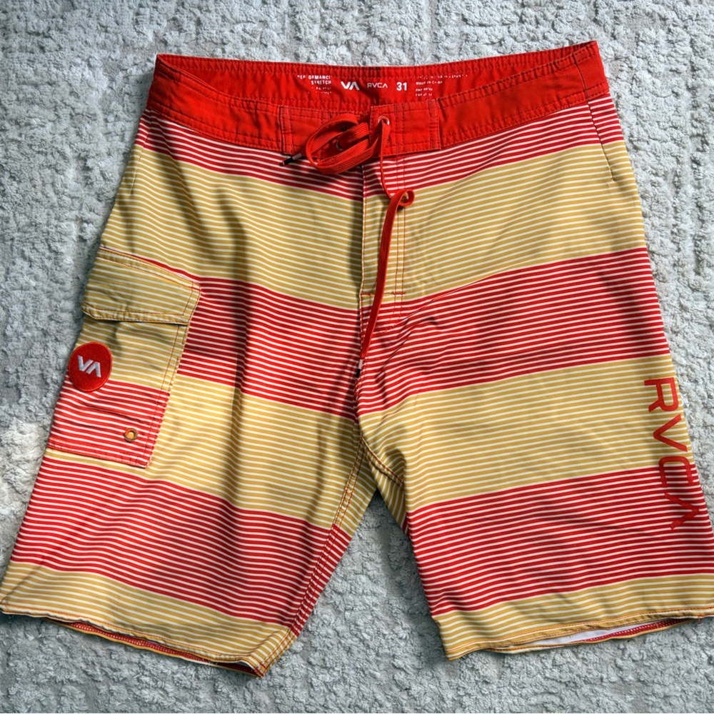 RVCA Men's Red and Yellow Swim Board Shorts 31